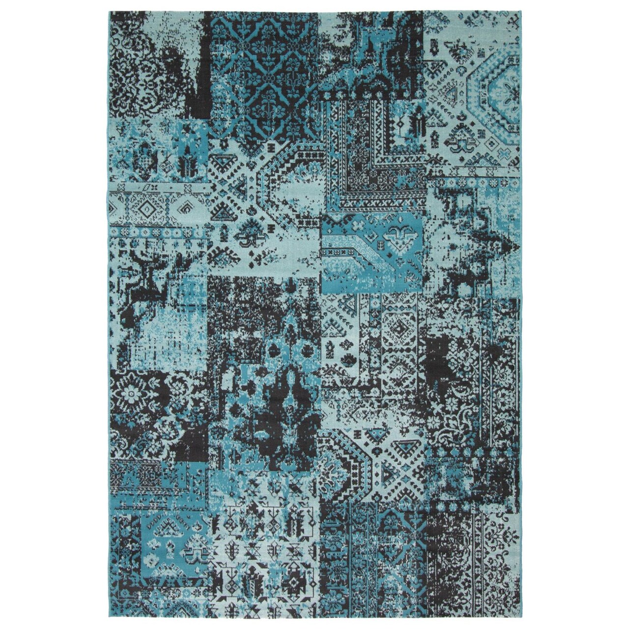 Chaudhary Living 4.5' x 6.5' Distressed Patchwork Rectangular Area Throw Rug - Blue and Black